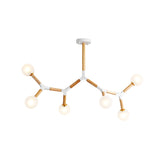 Simple Wood Branch Chandelier - 6-Light Beige Hanging Lamp with Frosted Glass Shades